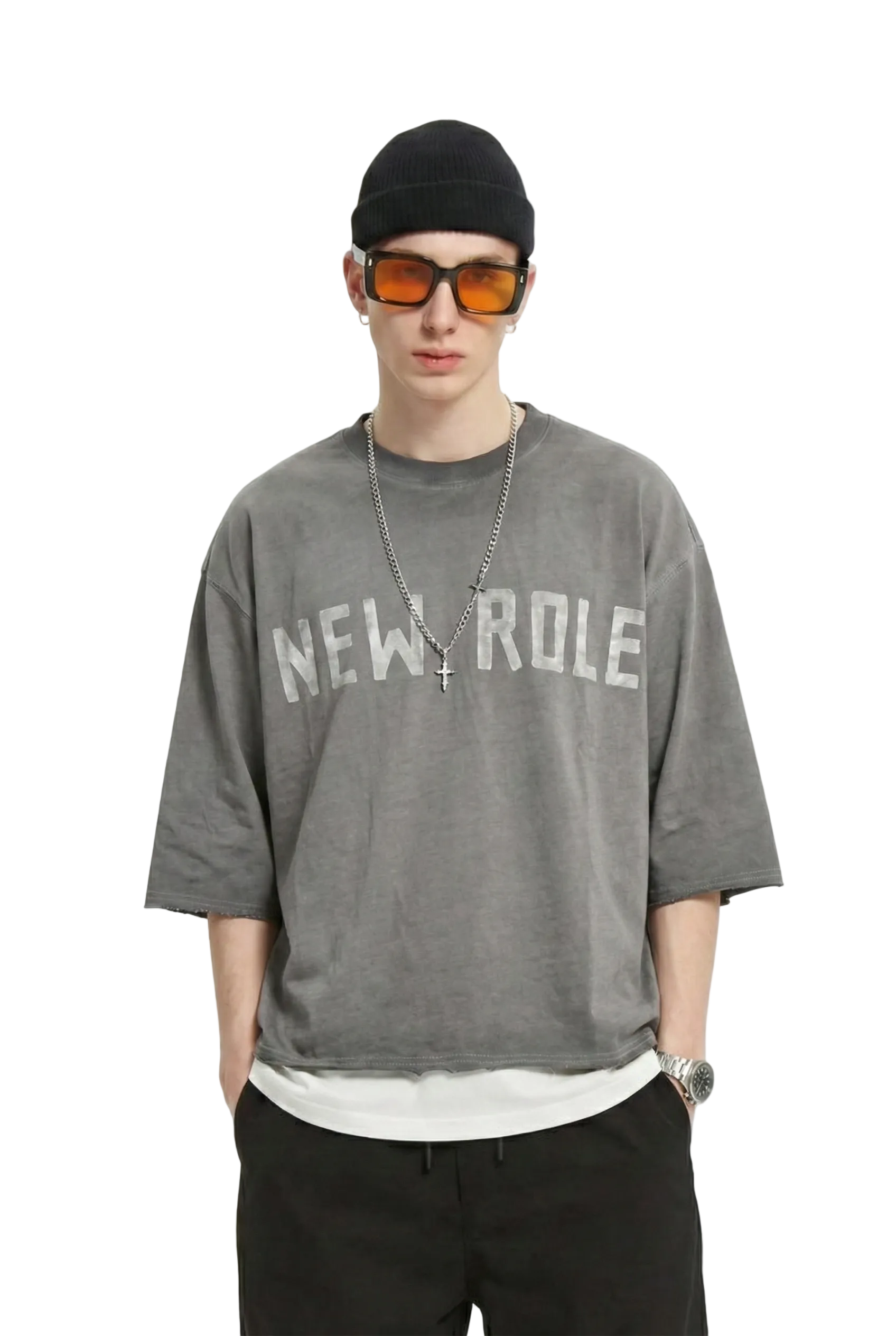 ORBITS S/N Jersey 3/4 Sleeve Crop Top Tee with Detachable Necklace