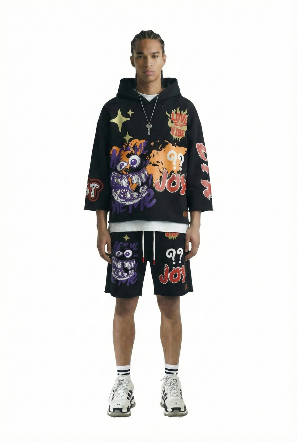 TROY French Terry 3/4 Sleeve Crop Top Pullover Hoodie