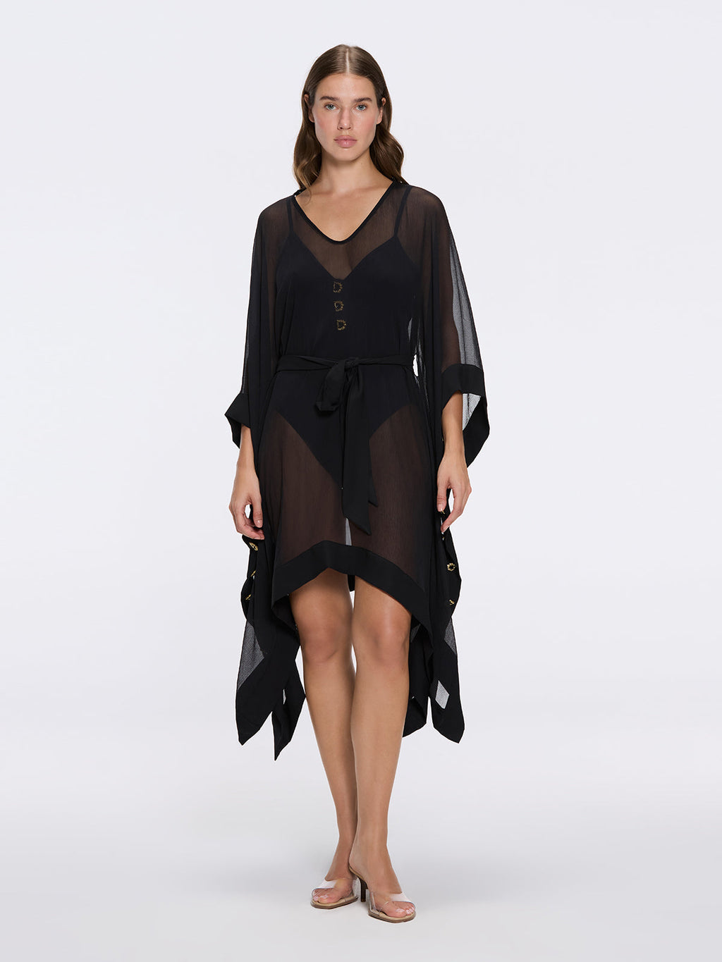 Bianca Ella Booth-Tata Black Sheer Gold Buttoned Belted Kaftan with Asymmetric Hem