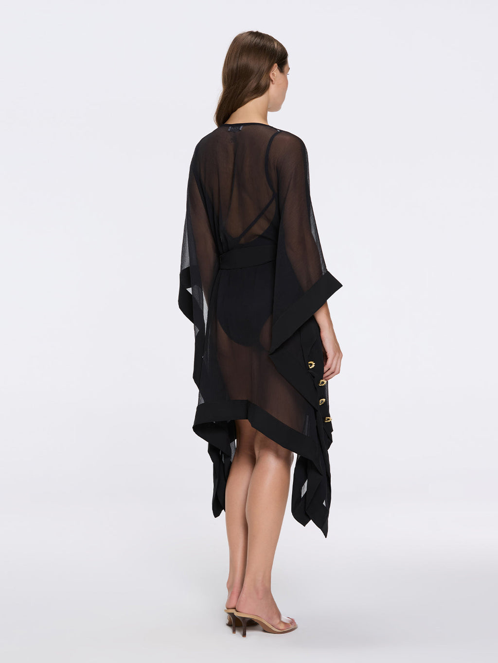 Bianca Ella Booth-Tata Black Sheer Gold Buttoned Belted Kaftan with Asymmetric Hem