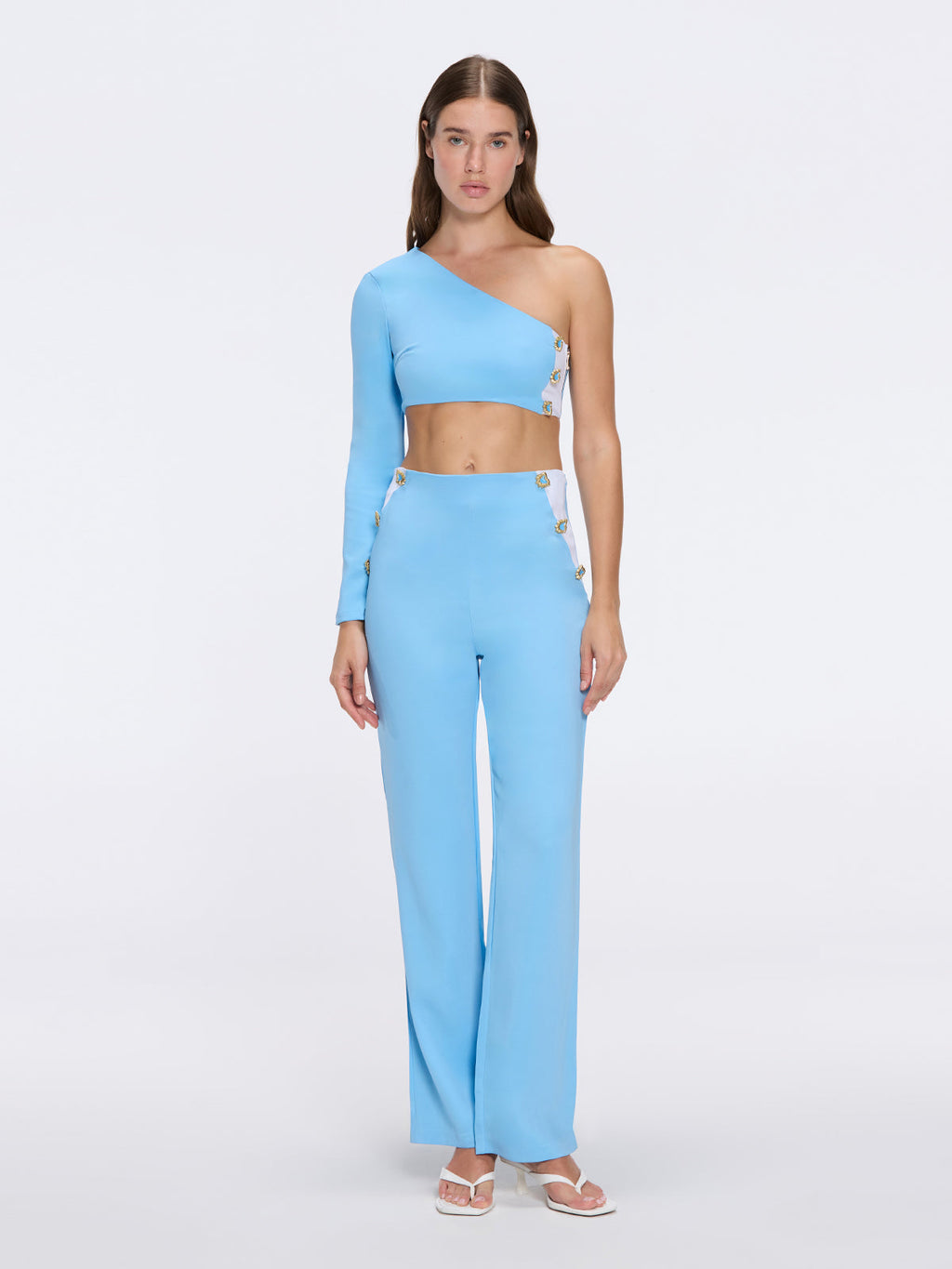 Villamar One-Shoulder Crop Top And Evangeline High Waist Blue-White Pants Set