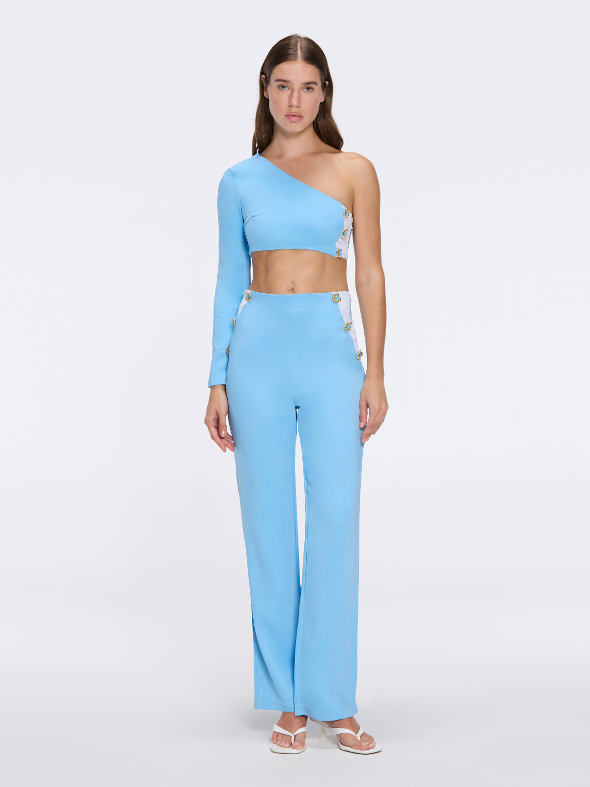 Villamar One-Shoulder Crop Top And Evangeline High Waist Blue-White Pants Set