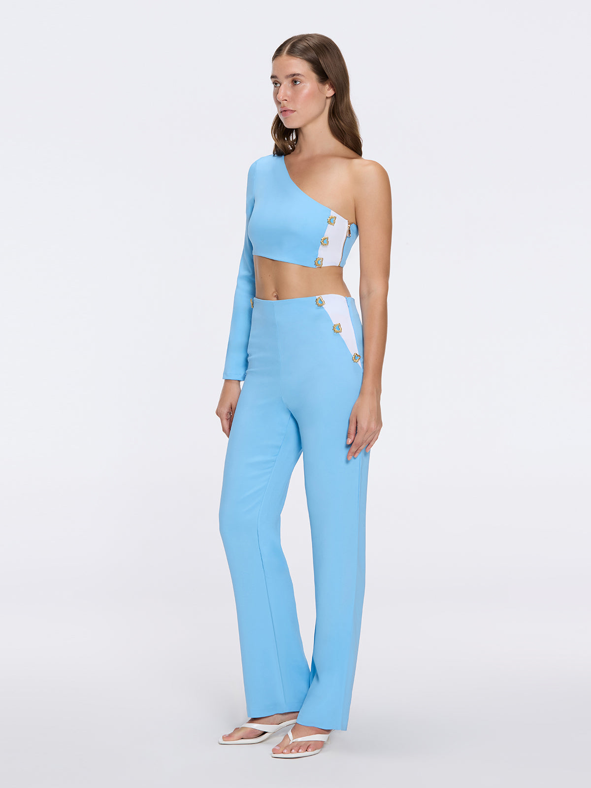 Evangeline Blue-White High-Waist Straight-Leg Pants