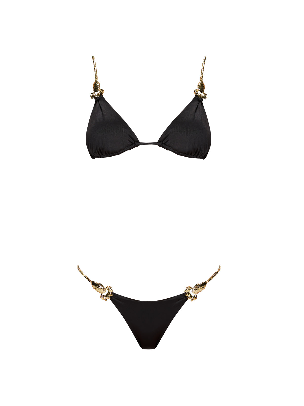 Selena Black Triangle Gold Chain Strap Mid Coverage Satin Bikini Set