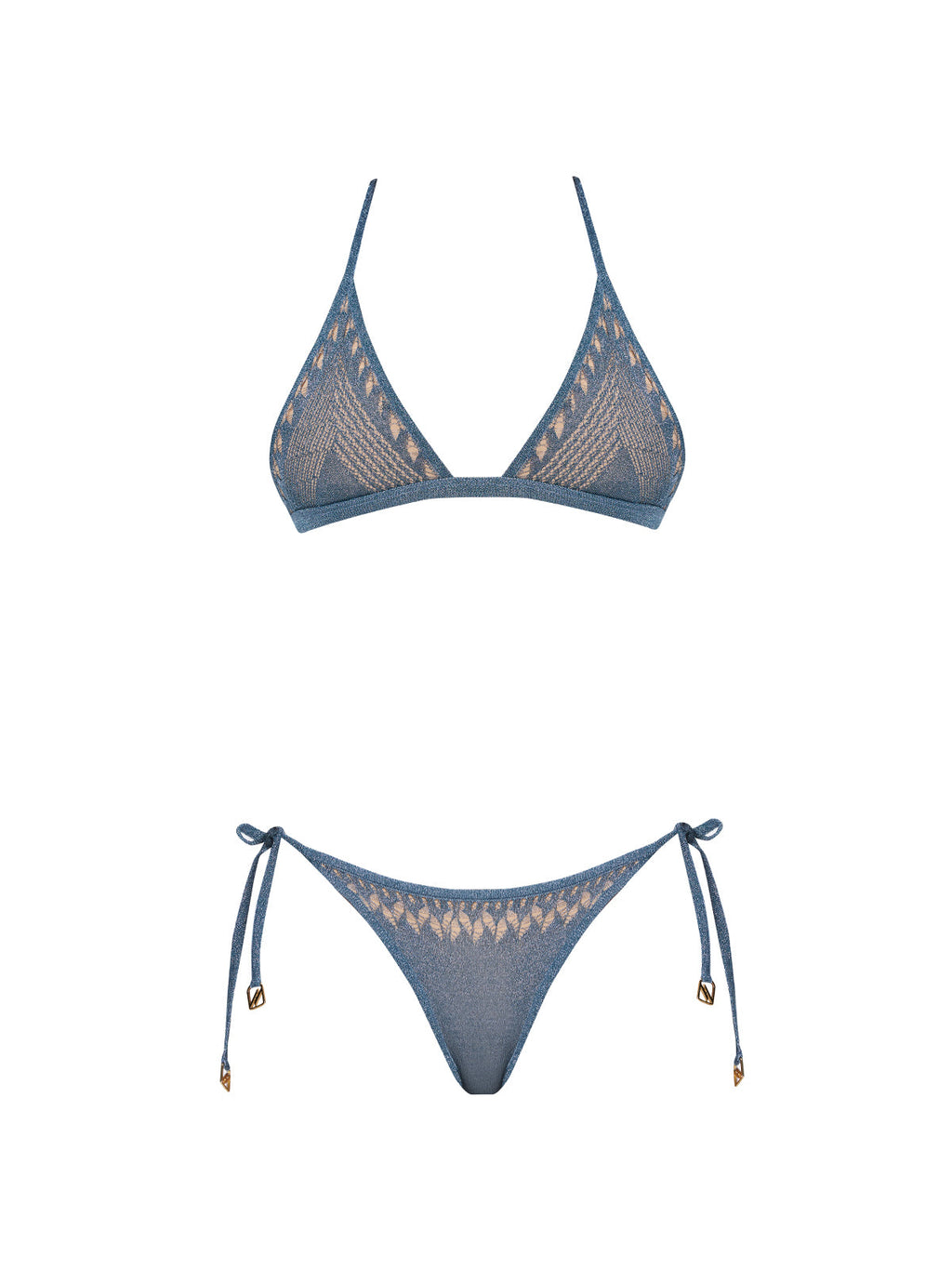 Isola Blue Metallic Knit Triangle Low Waist Bikini Set