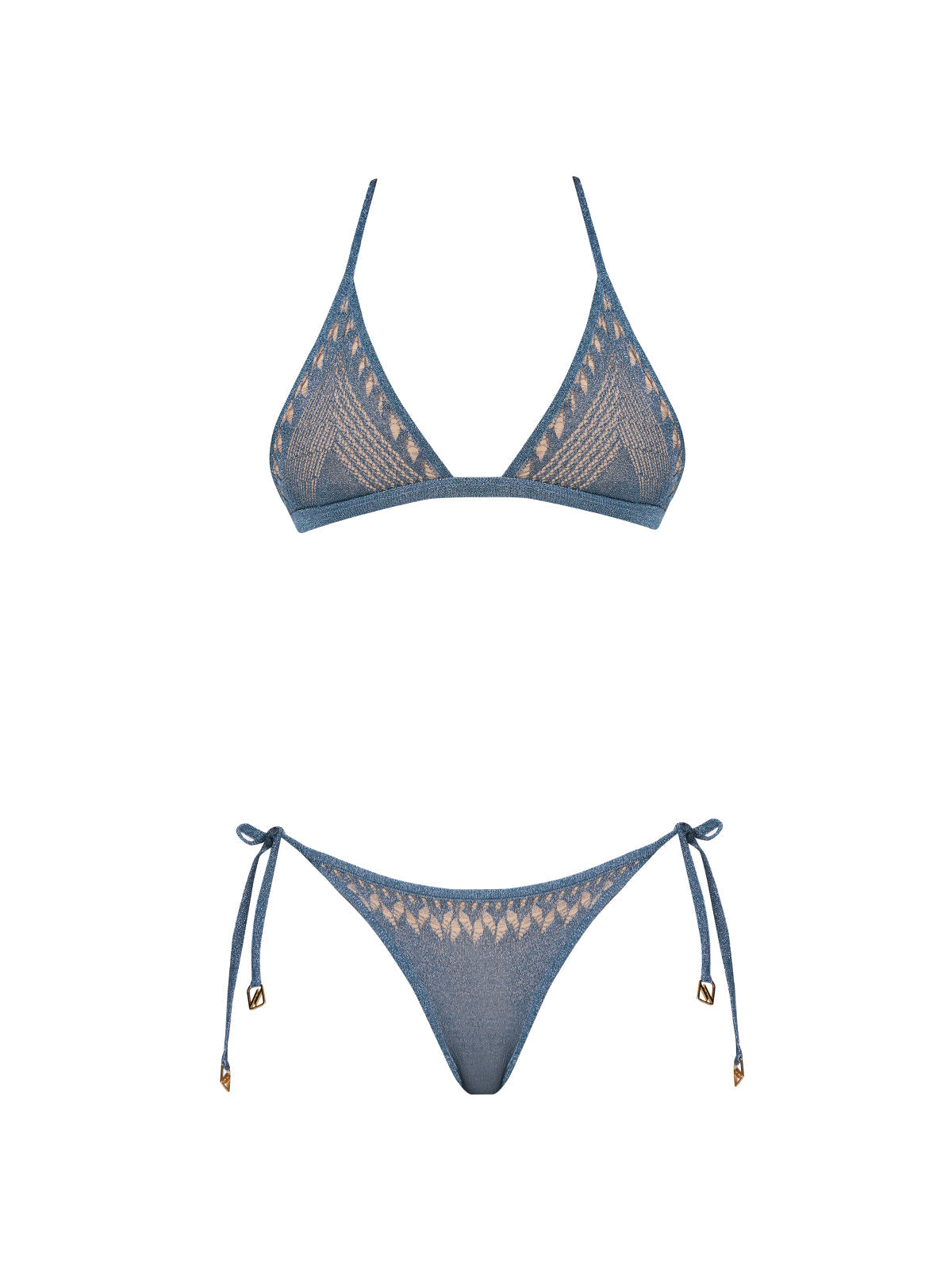 Isola Blue Metallic Knit Triangle Low Waist Bikini Set