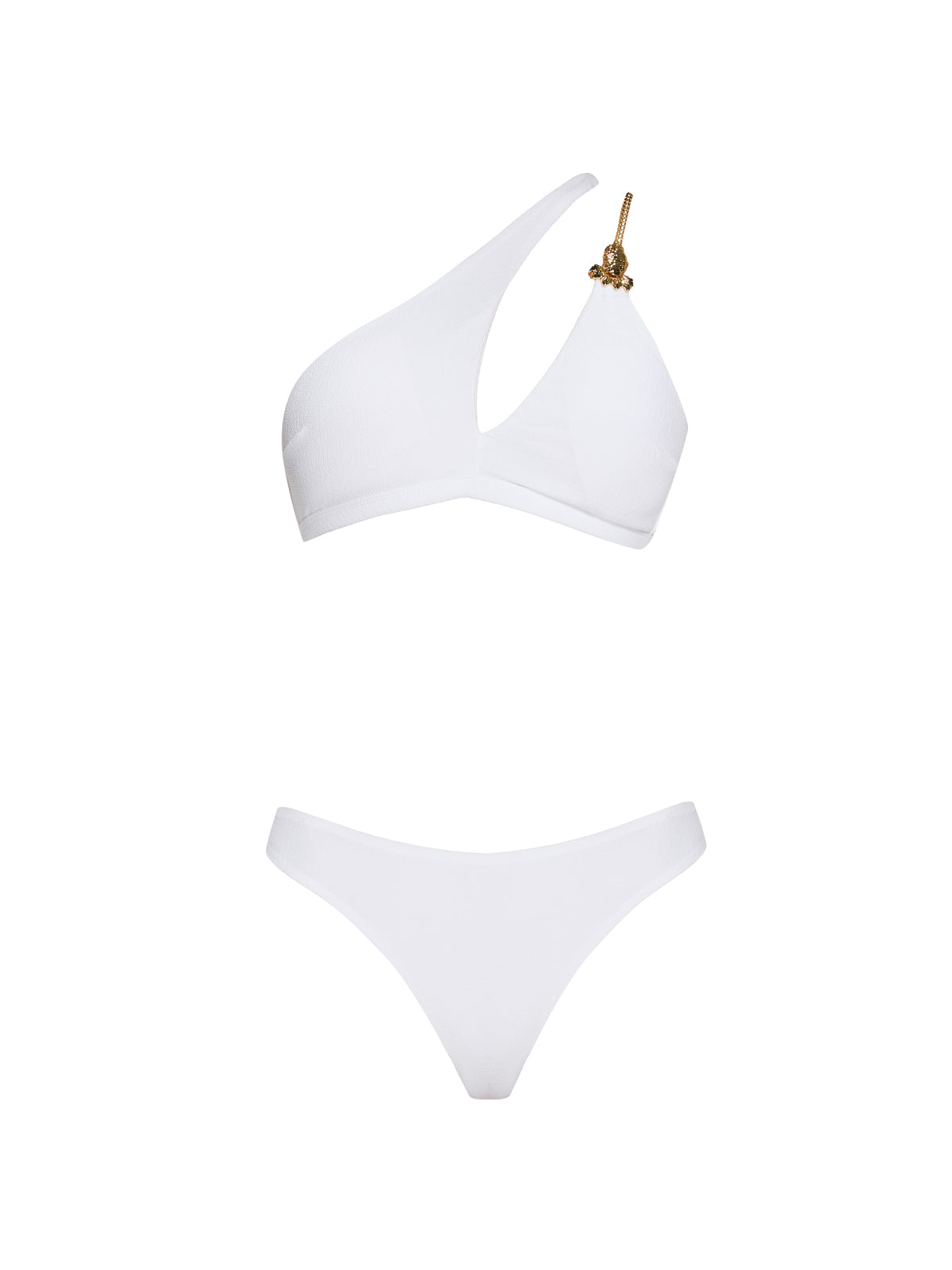 Grasse Gold Chain One-Shoulder Mid Coverage Textured White Bikini Set