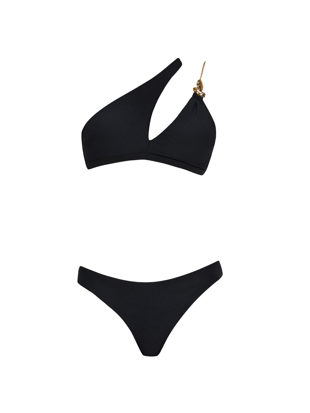 Grasse Gold Chain One-Shoulder Mid Coverage Textured Black Bikini Set