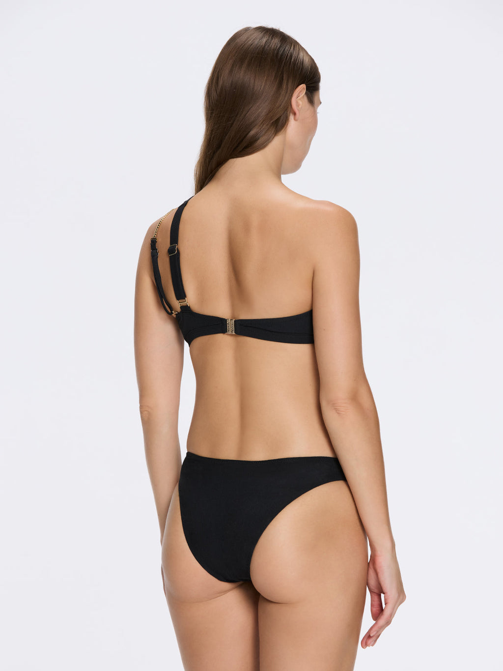 Grasse Gold Chain One-Shoulder Mid Coverage Textured Black Bikini Set