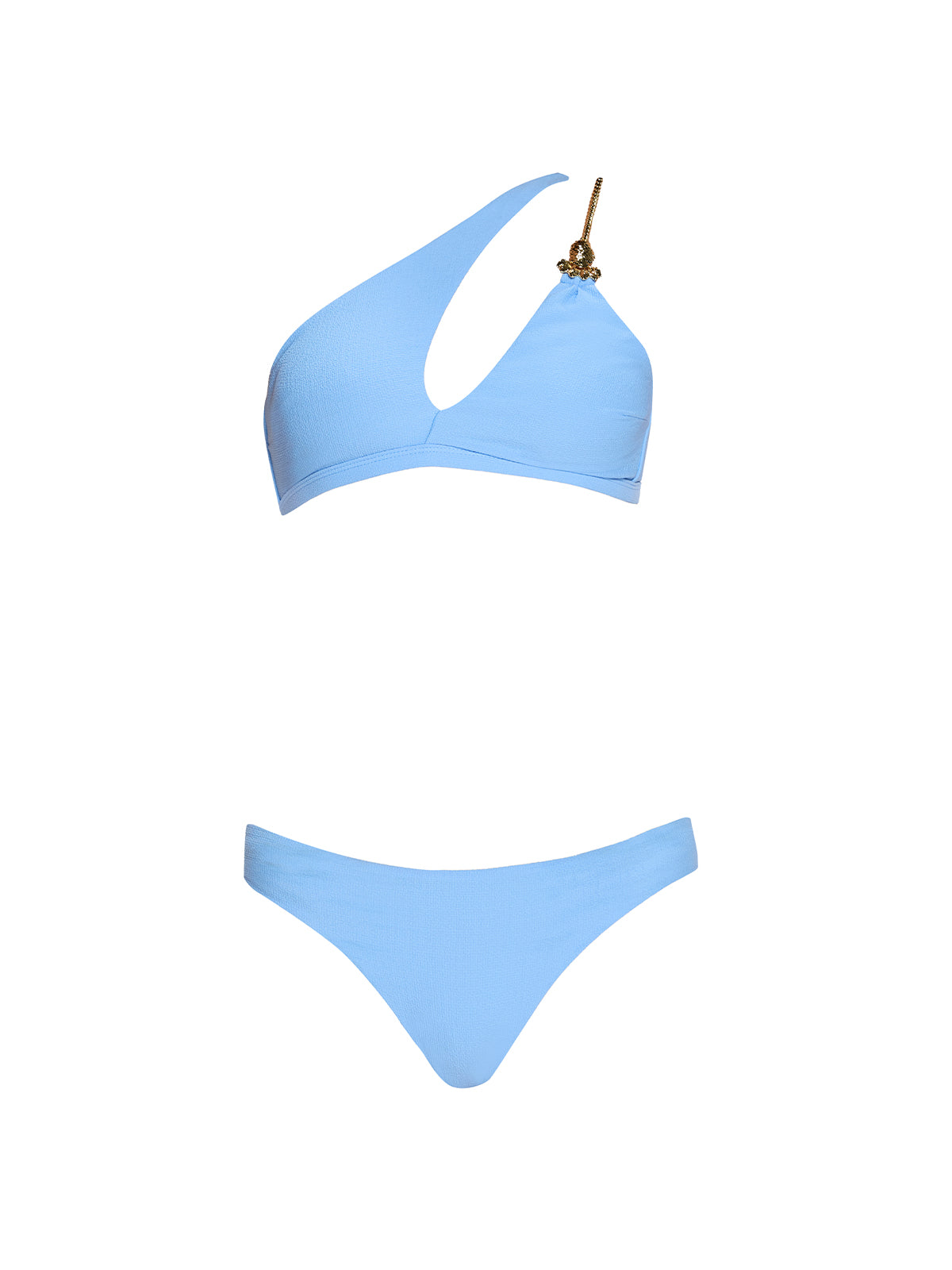 Grasse Gold Chain One-Shoulder Mid Coverage Textured Blue Bikini Set