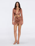 Greta Brown Satin Tie Front Shirt And Antonia Skirt Set