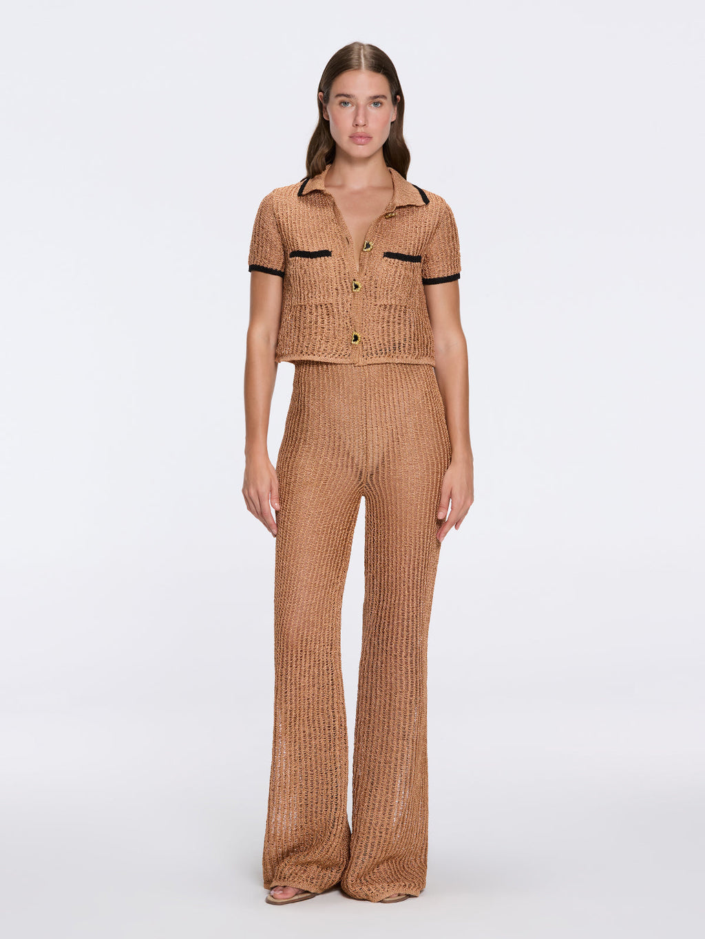 Ramatuelle Bronze-Black Crop Top & Lerins Wide-Leg Pants Knitted Set