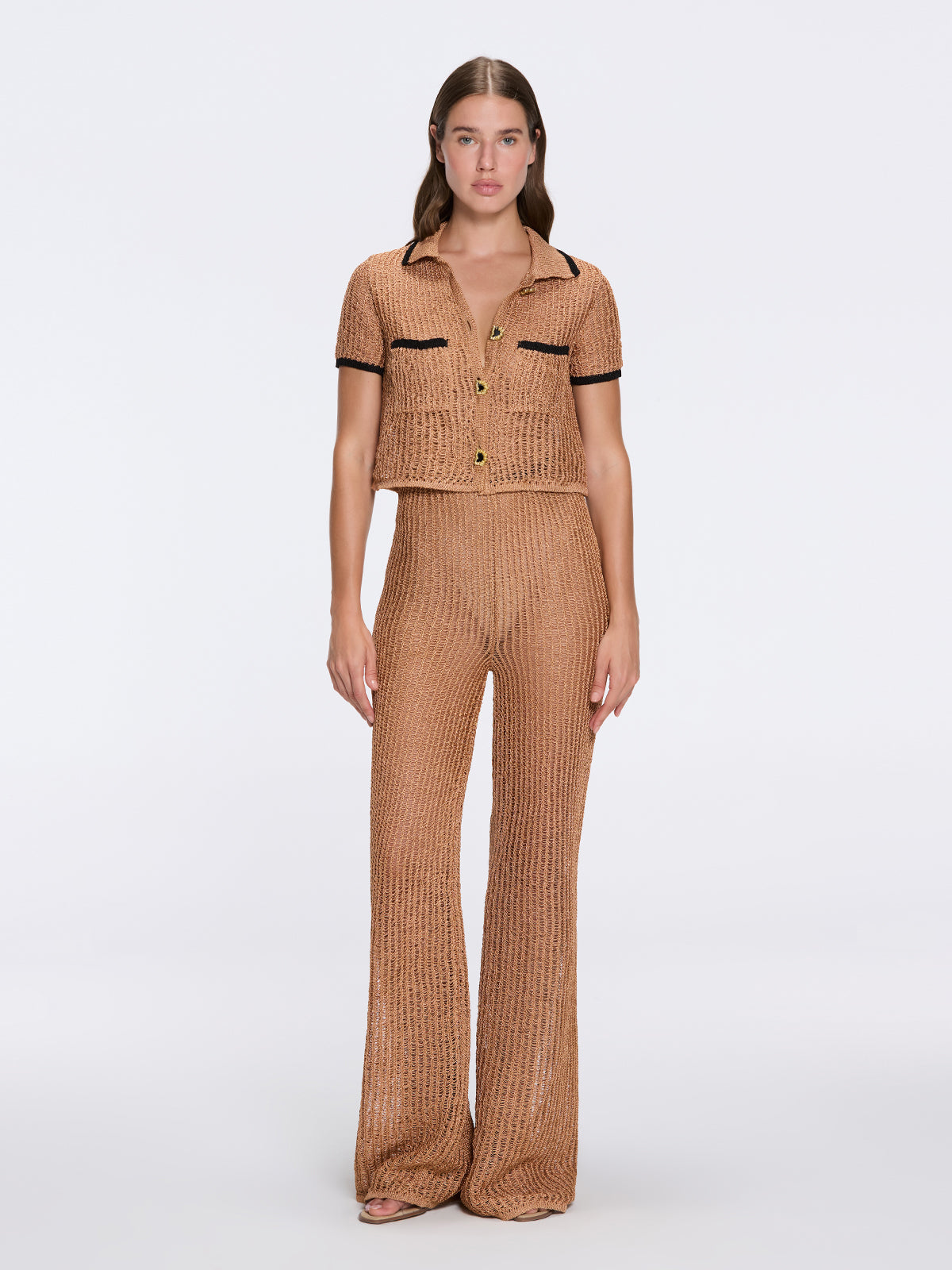 Ramatuelle Bronze-Black Crop Top & Lerins Wide-Leg Pants Knitted Set