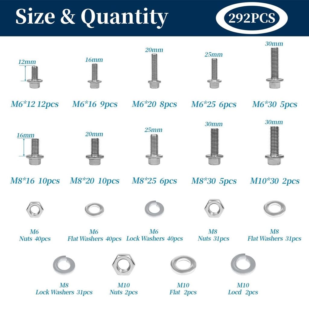M6/M8/M10 Flange Bolt Kit (549PCS) | 8.8 Alloy Steel | Hex Bolts, Nuts & Washers
