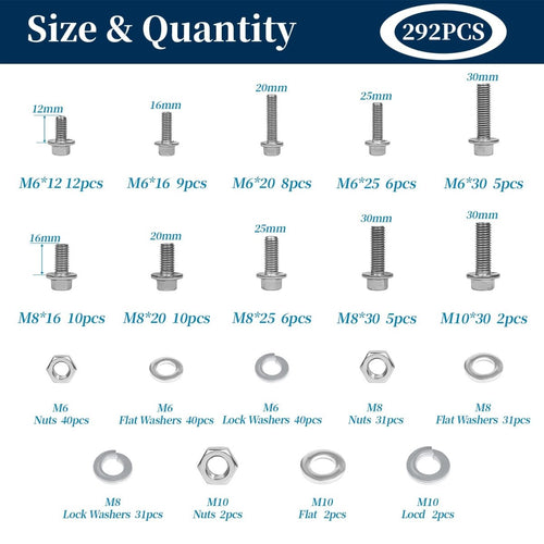 292 Pcs 304 Stainless Steel Bolts and Nuts Kit, A2 Hex Head Flange Nut and Bolt Set M6 M8 M10