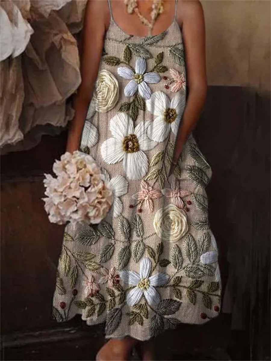 🌺 European & American Style Floral Art Print Sling Holiday Dress