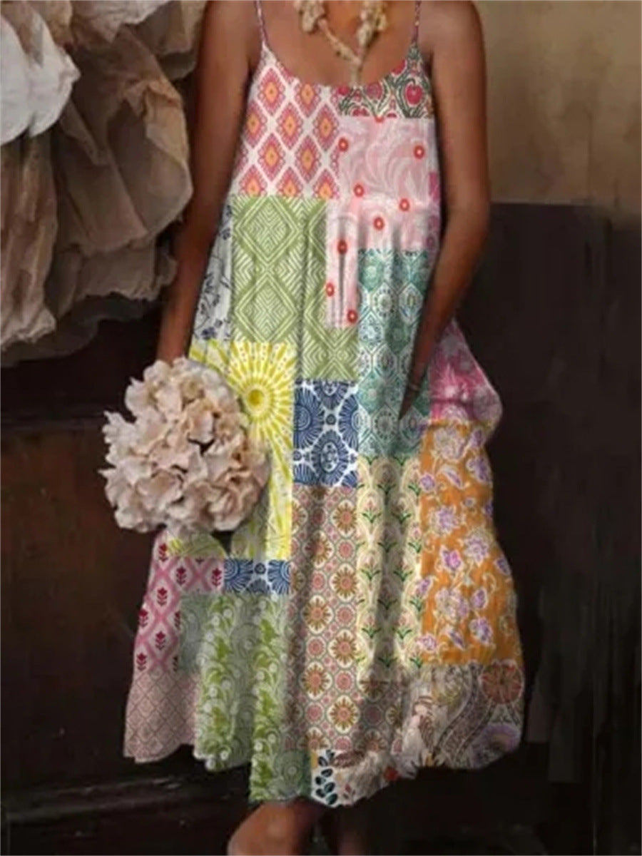 🌺 European & American Style Floral Art Print Sling Holiday Dress