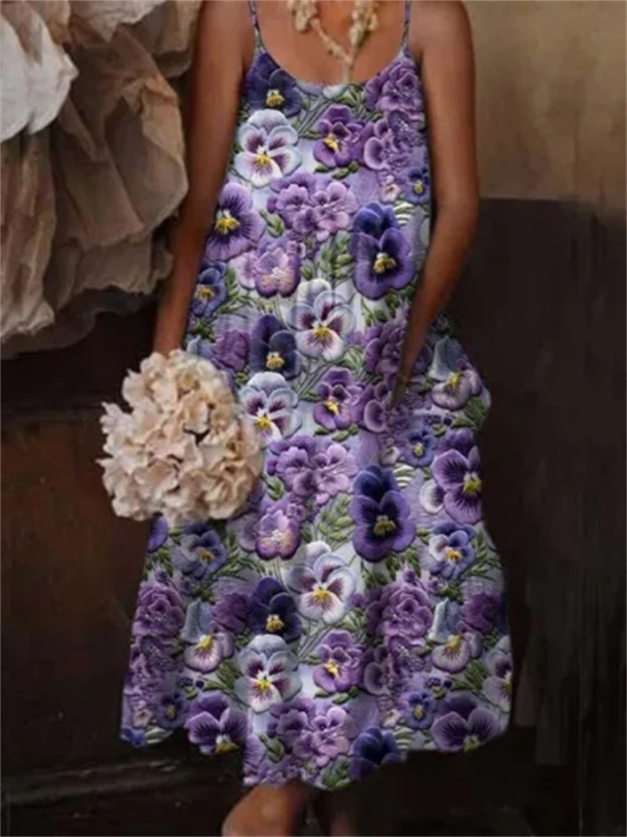 🌺 European & American Style Floral Art Print Sling Holiday Dress