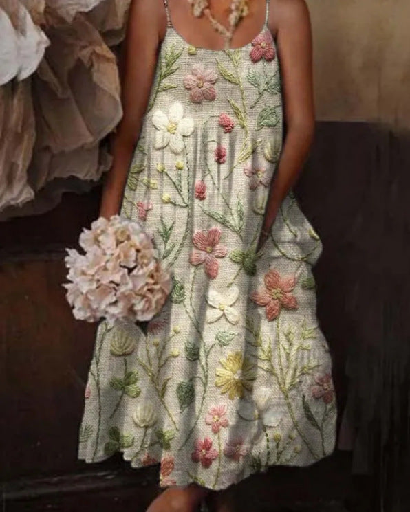 🌺 European & American Style Floral Art Print Sling Holiday Dress