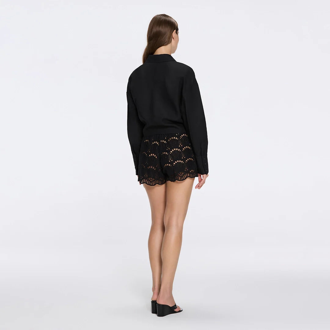 Ophelia Black Crochet Detail High-Waist Shorts