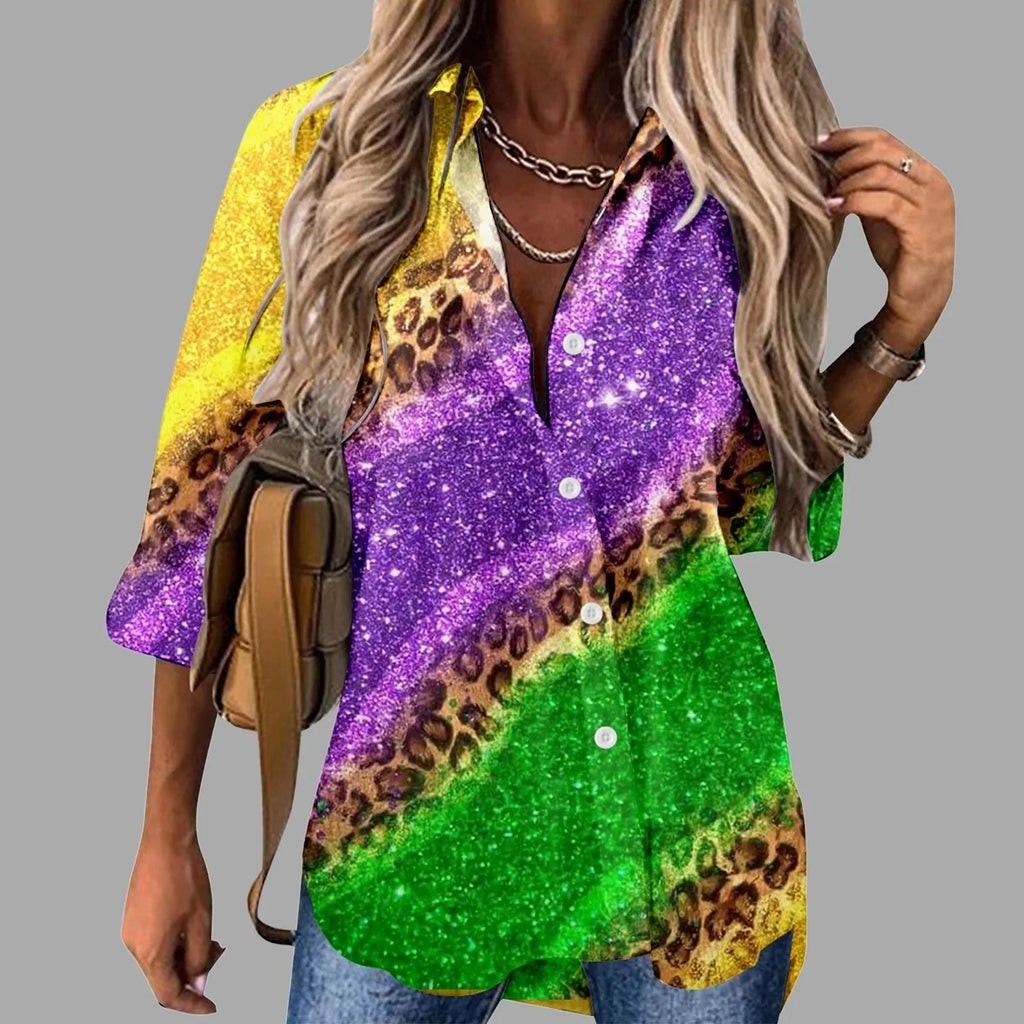 🎭 Mardi Gras Women's V-Neck Long Sleeve Carnival Print Shirt