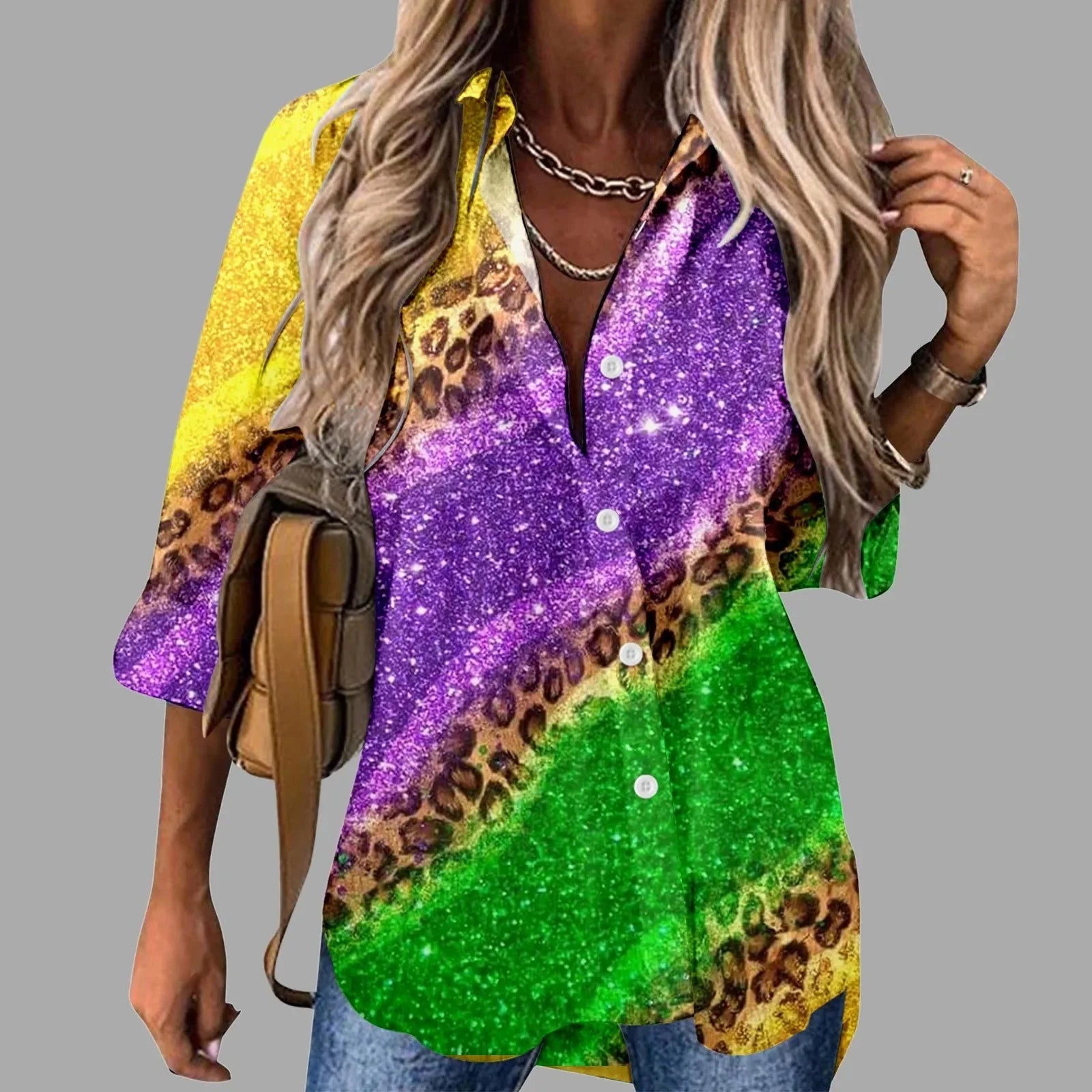 🎭 Mardi Gras Women's V-Neck Long Sleeve Carnival Print Shirt