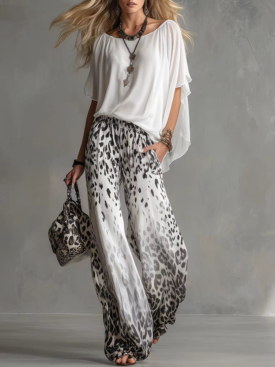 Chiffon Puff-Sleeve Top & Wide-Leg Pants Set – 15 Colors