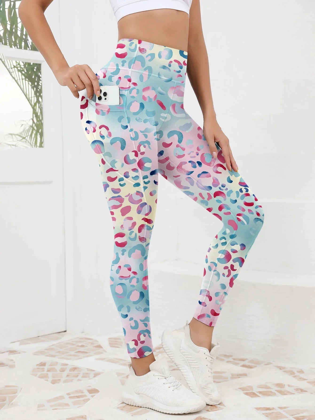Printed High-Waist Pocket Fitness Pants Women