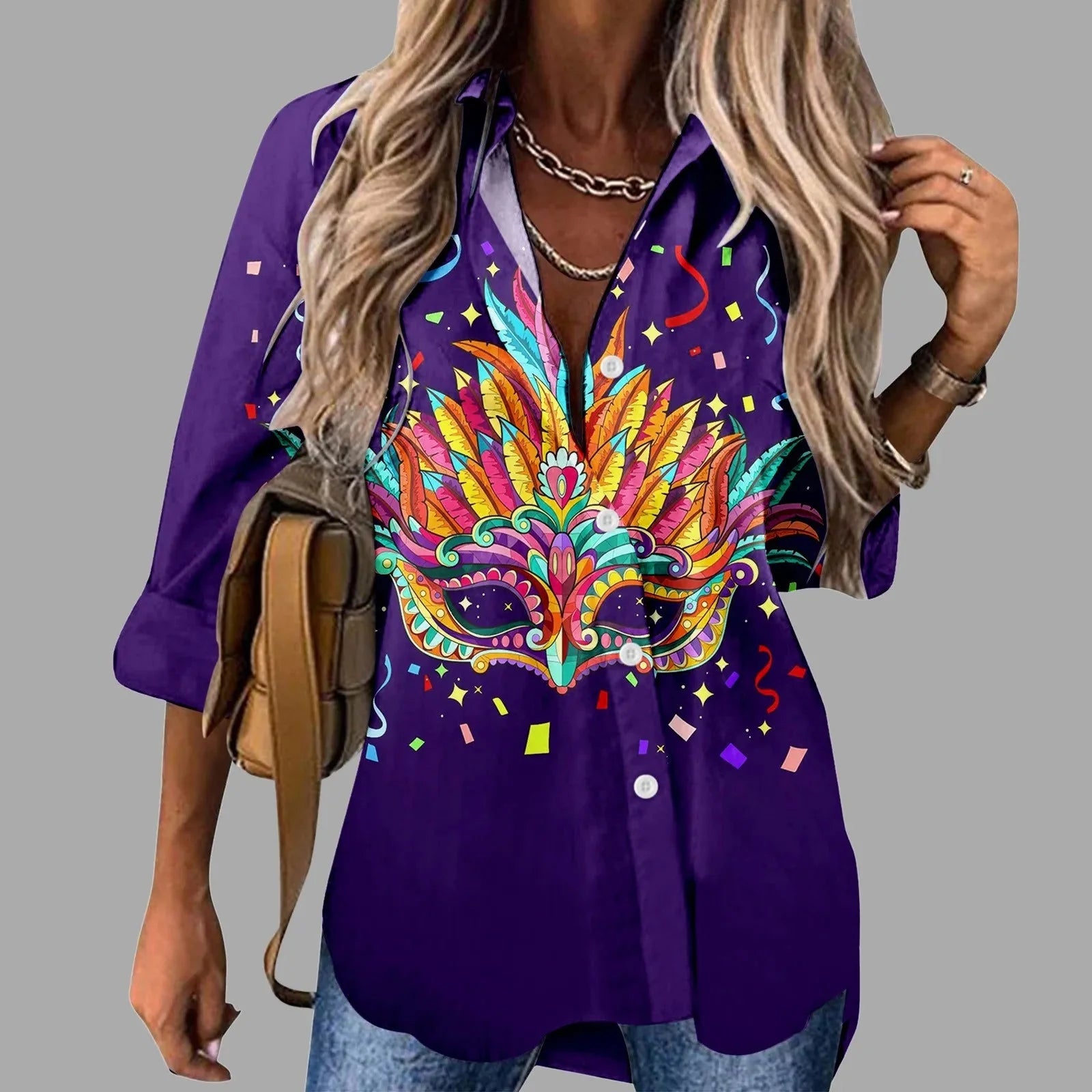 🎭 Mardi Gras Women's V-Neck Long Sleeve Carnival Print Shirt