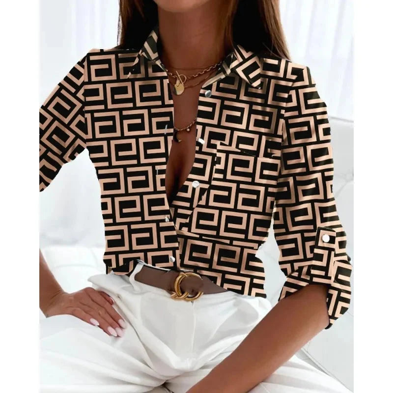 Women’s Printed Long-Sleeve Lapel Shirt | Casual Elegant Blouse