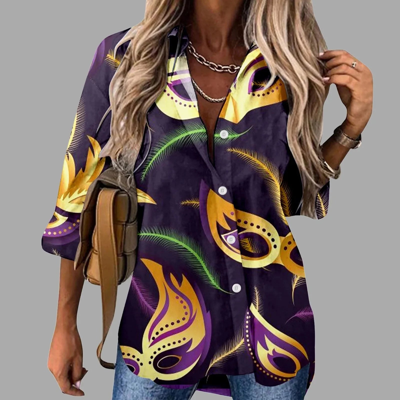 🎭 Mardi Gras Women's V-Neck Long Sleeve Carnival Print Shirt
