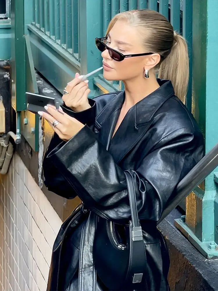 Women's Long PU Leather Jacket | Polo Collar Lace Detail Coat