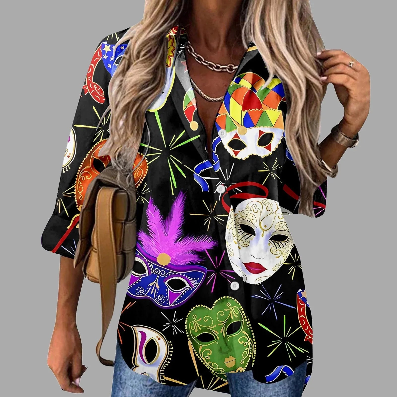 🎭 Mardi Gras Women's V-Neck Long Sleeve Carnival Print Shirt