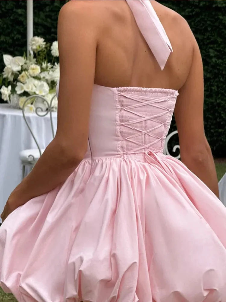 Women’s Pink Corset Puffball-Hem Mini Dress