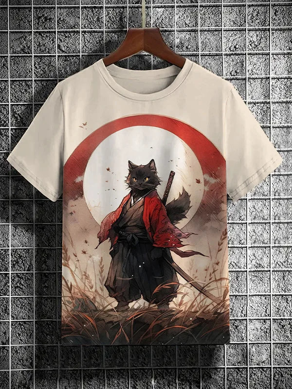 Samurai Cat Graphic T-Shirt – Japanese Style 3D Print Men's Tee