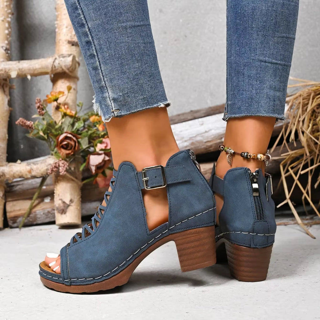 Women's Peep-Toe Block Heel Sandals | Single Strap Buckle Suede Heels in Denim Blue | EU 36–42