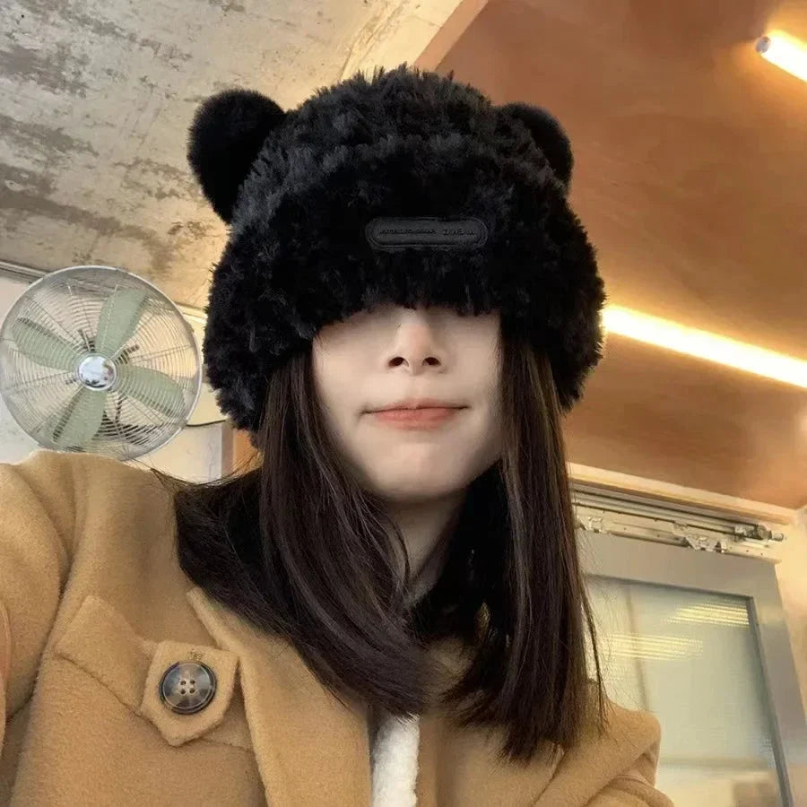 Letter Bear Ears Knitted Woolen Hat – Cute Cat-Ears Beanie for Women