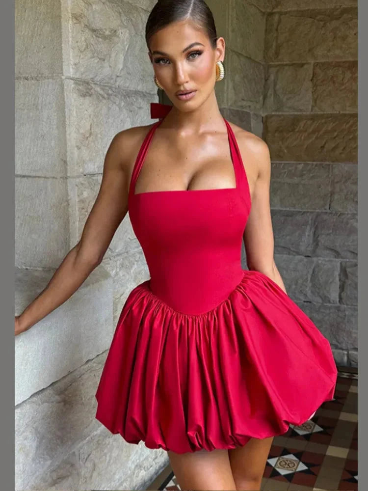 Women’s Pink Corset Puffball-Hem Mini Dress