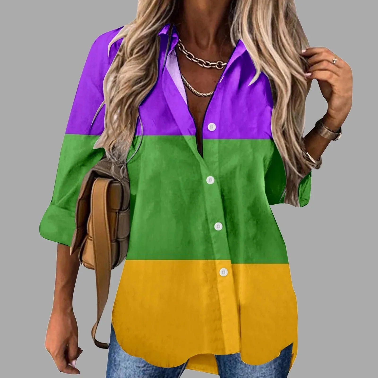 🎭 Mardi Gras Women's V-Neck Long Sleeve Carnival Print Shirt