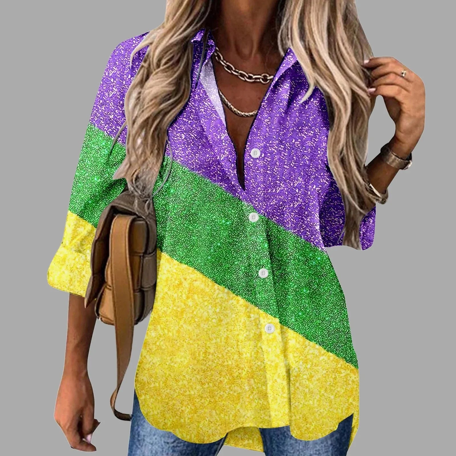 🎭 Mardi Gras Women's V-Neck Long Sleeve Carnival Print Shirt