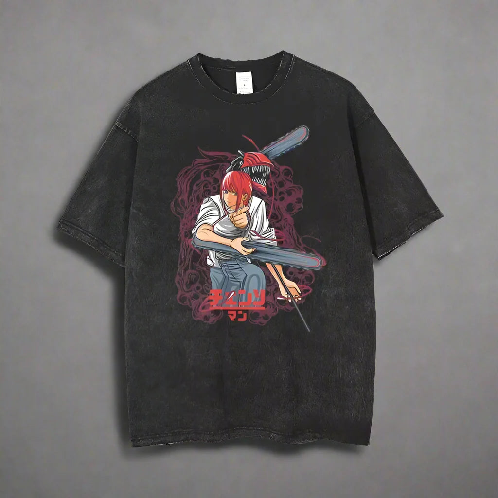 🪚 Chainsaw Man Acid-Washed Vintage Graphic T-Shirt – Harajuku Streetwear