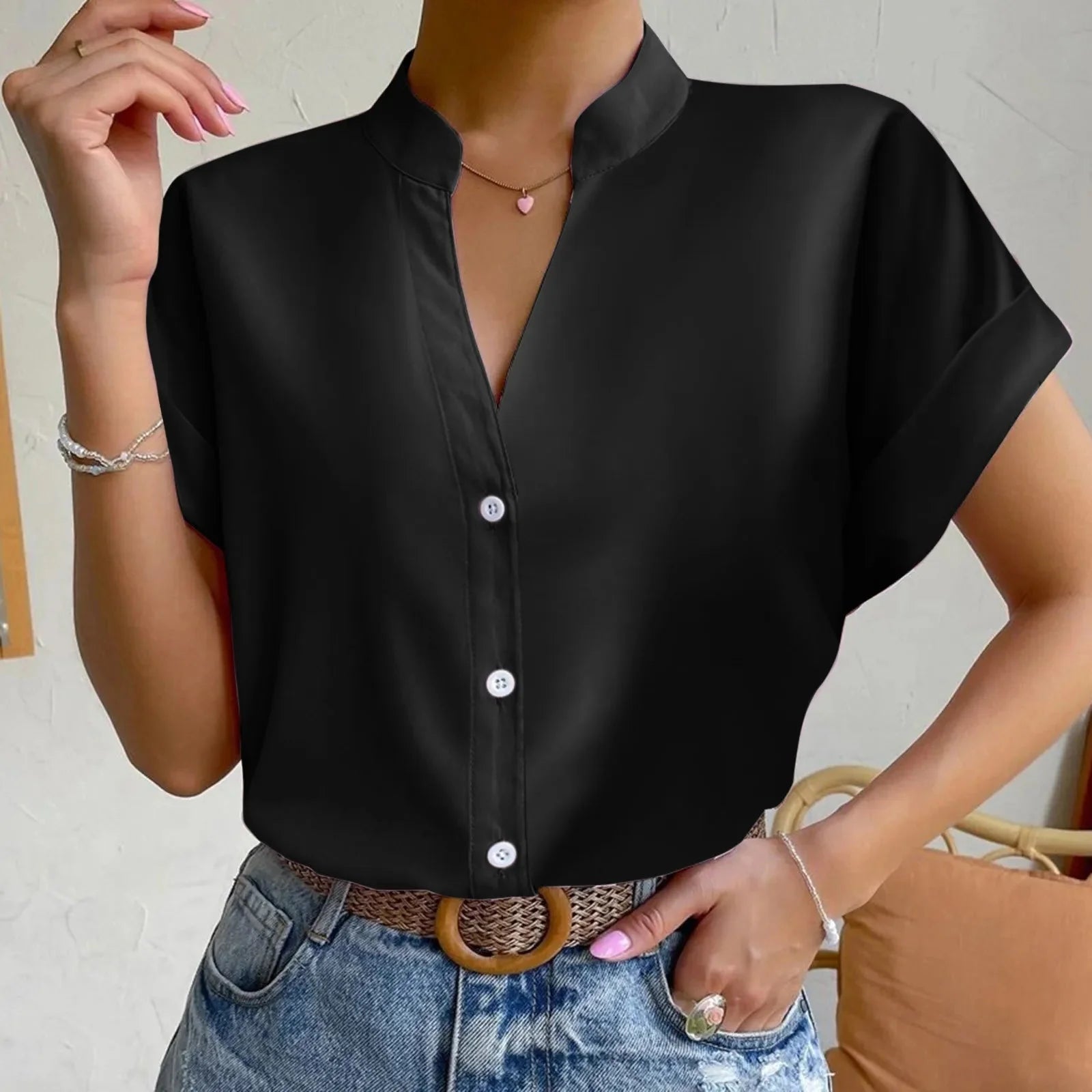 🧡 Summer Women's Satin V-Neck Short Sleeve Shirt – Elegant Casual Wear