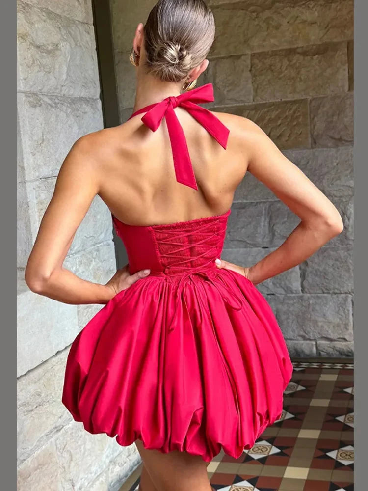 Women’s Pink Corset Puffball-Hem Mini Dress