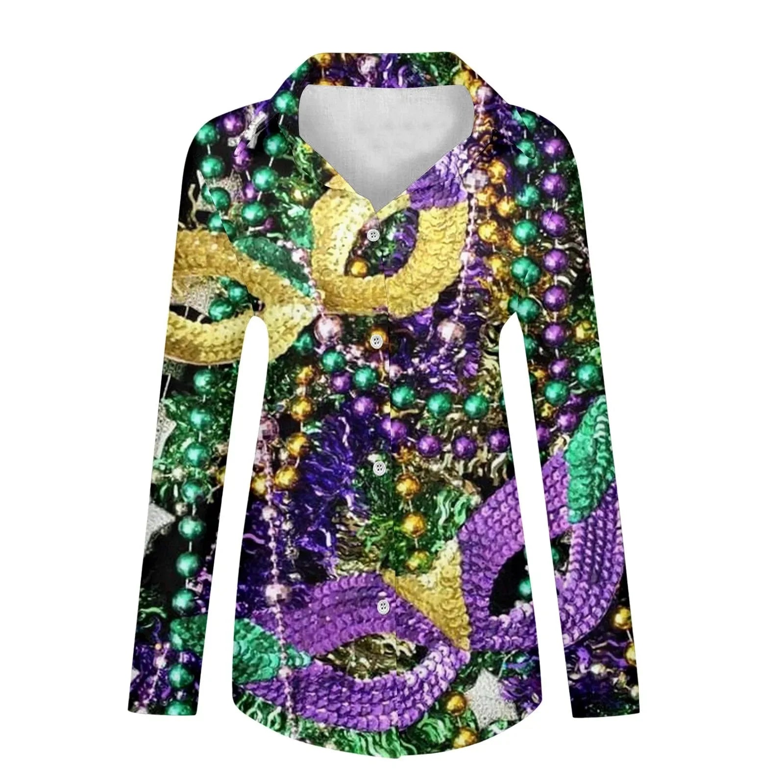 🎭 Mardi Gras Women's V-Neck Long Sleeve Carnival Print Shirt