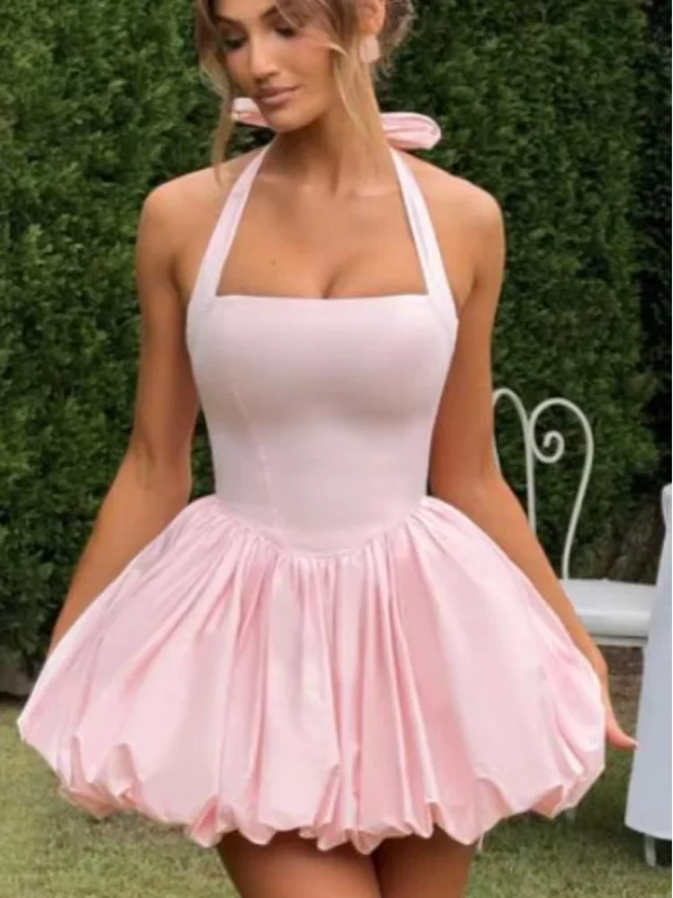 Women’s Pink Corset Puffball-Hem Mini Dress
