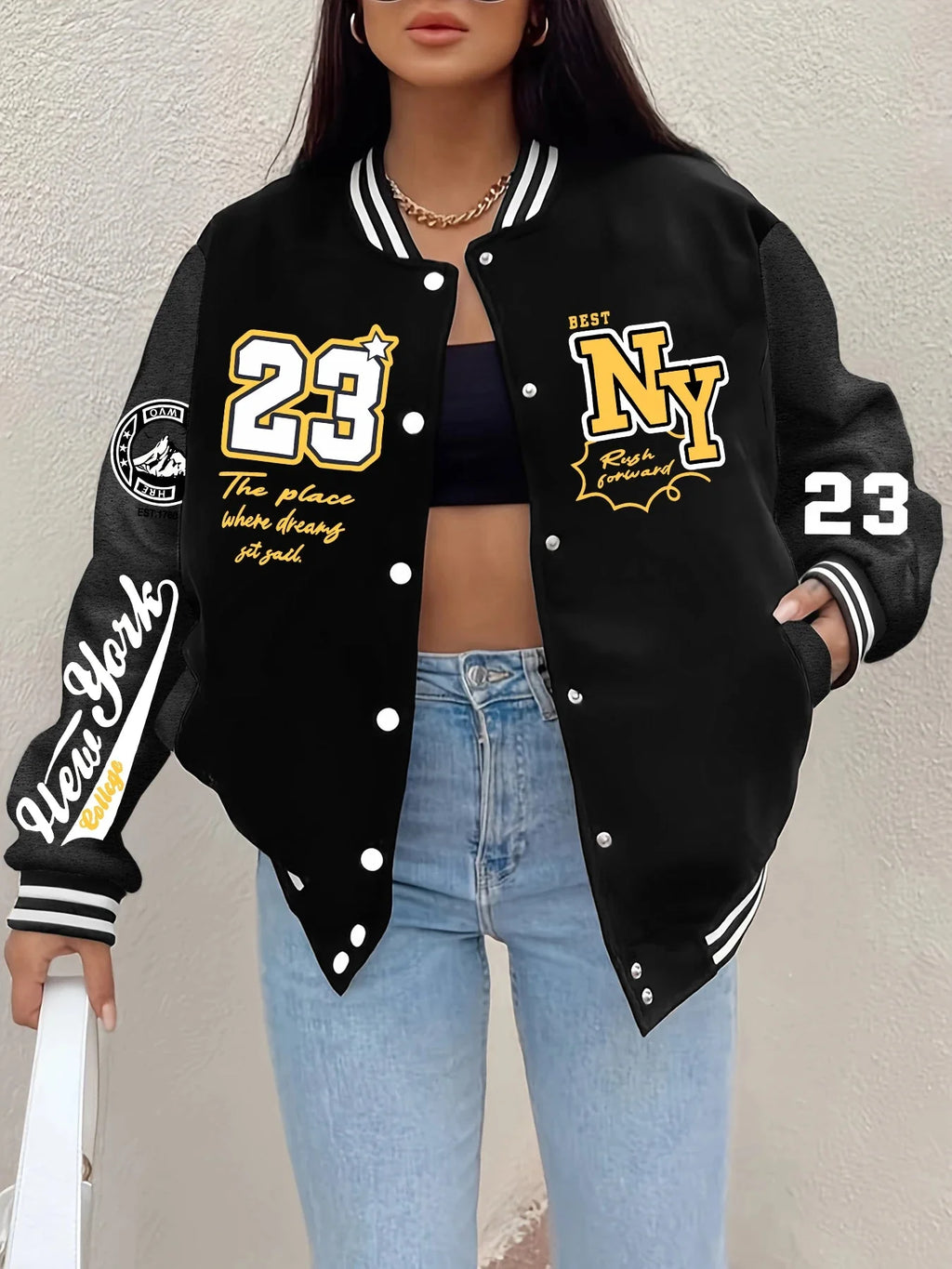 New York “23” Letter Printed Baseball Jacket Women