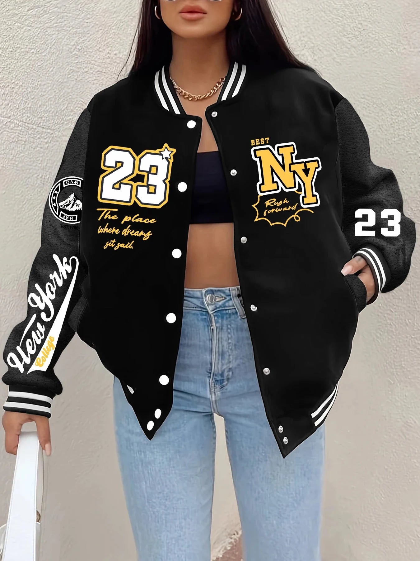 New York “23” Letter Printed Baseball Jacket Women