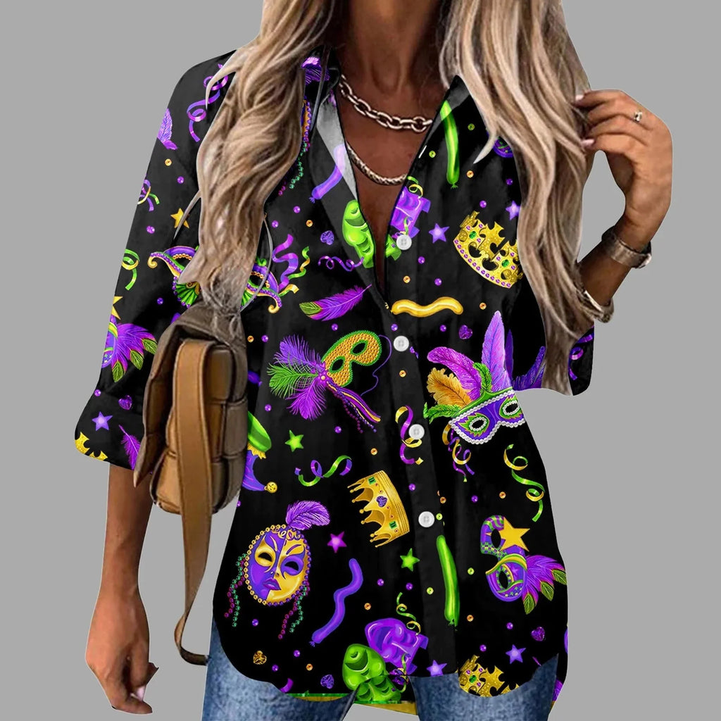 🎭 Mardi Gras Women's V-Neck Long Sleeve Carnival Print Shirt