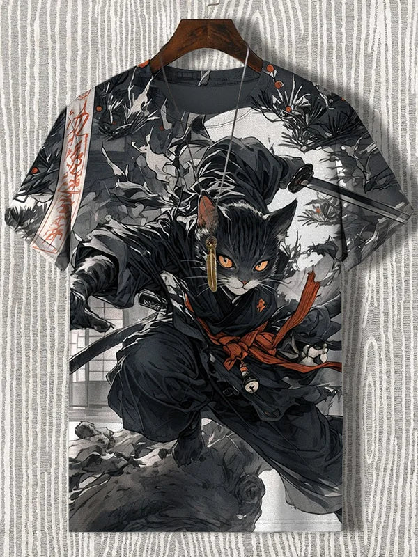 Samurai Cat Graphic T-Shirt – Japanese Style 3D Print Men's Tee