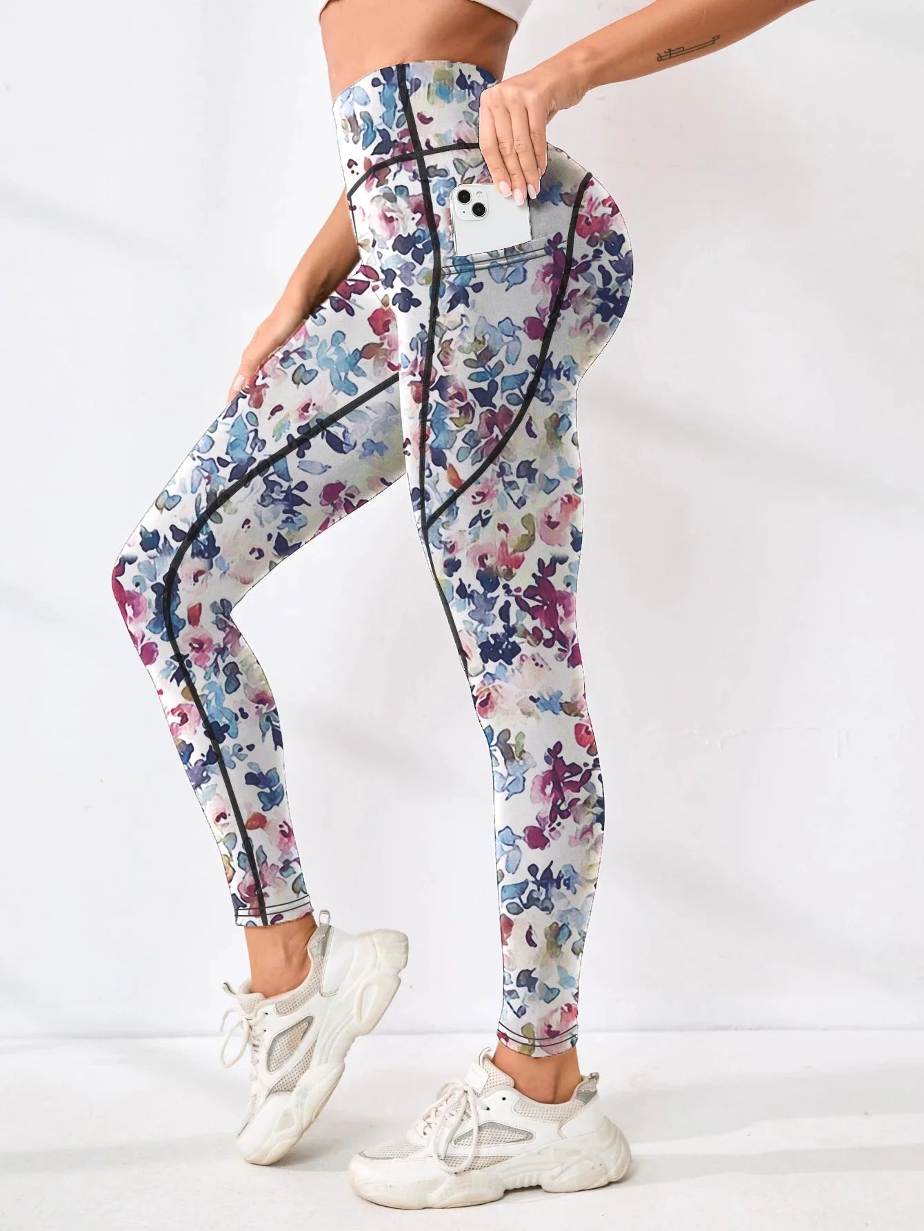 Printed High-Waist Pocket Fitness Pants Women